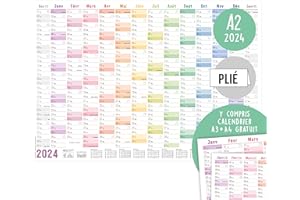 Calendrier mural 2024 A2 en français (59 x 42 cm) plié pour 14 mois déc 2023 - jan 2025 | planning mural avec jours fériés français + calendrier extra A3 & A4 | durable & climatiquement neutre