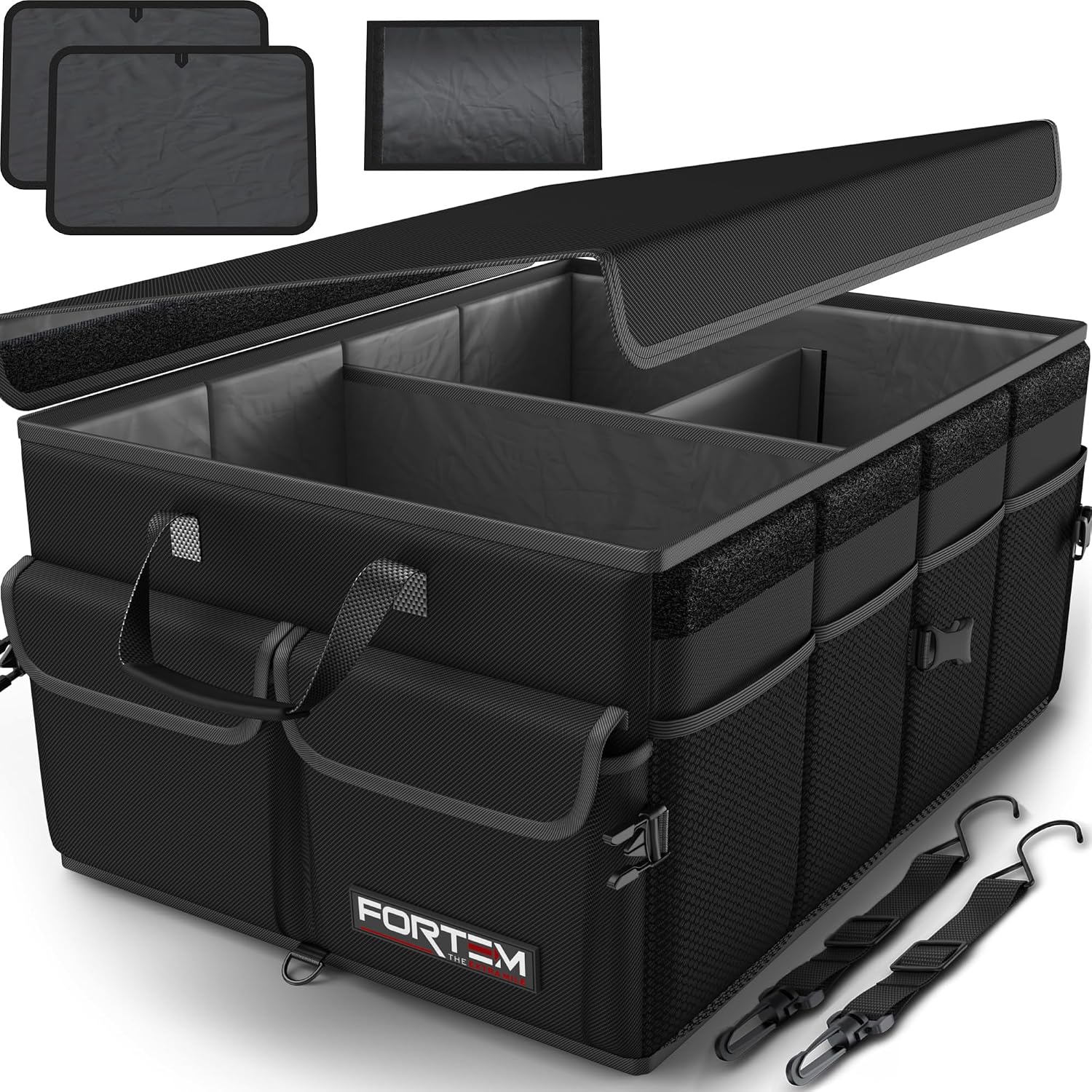 FORTEM Car Boot Organiser, Collapsible Multi Compartment SUV Organizer, Foldable Storage for Car Accessories for Women Men, 600D Oxford, Non Slip Bottom, Securing Straps, Soft Cover (50L)