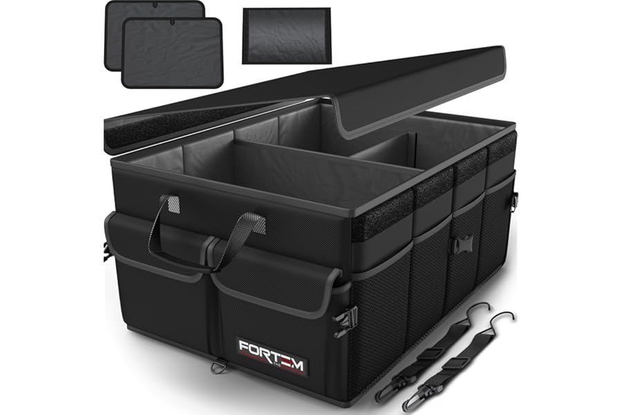 FORTEM Car Boot Organiser, Collapsible Multi Compartment SUV Organizer, Foldable Storage for Car Accessories for Women Men, 600D Oxford, Non Slip Bottom, Securing Straps, Soft Cover (50L)