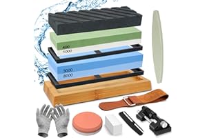 YUTUY Pietra Affilacoltelli Professionale,Pietra Per Affilare 2-in-1,400/1000 3000/8000 Grana con Base Antiscivolo in Bambù,pietra per spianare, guida angolare e strisce di cuoio