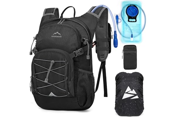 RAINSMORE Sac à Dos D'hydratation avec Vessie d'eau de 2L Sac à Dos Randonnée Moto Sport 18L Homme Femme Léger Isolé avec Housse de Pluie pour Course à Pied Cyclisme l'escalade Trail Running