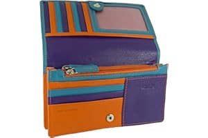 HIDE AND SLEEK Ladies Leather Flapover Matinee Organiser Purse RFID Protection 10 Cards, Notes and Coins (Turquoise Orange Multi)
