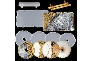EPODA Grand Moule en Resine Epoxy Plateau, Moule en Silicone Resine Plateau avec Poignée et 4 Pieces Dessous de verre, Moules DIY de Coulée en Silicone Rond, Rectangulaire, Art de la résine