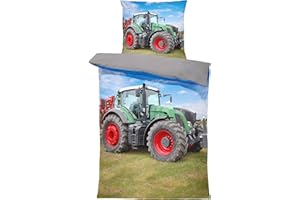 one-home Bettwäsche 135x200 cm Traktor Trecker Landmaschinen grün grau Wende Microfaser