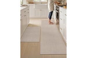 COLOR&GEOMETRY Kitchen Rugs Non Slip Washable 61x92cm+61x183cm, 4mm Thin Woven Rubber Backed Kitchen Runner Rug, Absorbent Easy to Clean Floor Mats for in Front of Sink, Laundry Room, Hallway, Khaki