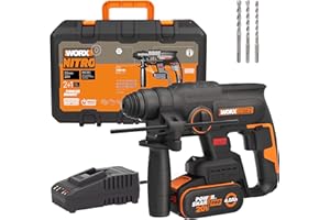 WORX Nitro WX381 - Martello pneumatico senza spazzole da 20 V, per forare, trapano a percussione e scalpello, 2 Joule, con batteria e caricatore