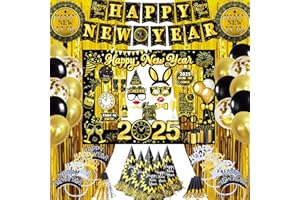 LECONCES Silvester Deko 2025 Neujahr Party Dekoration Set, Silvester Foto Requisiten XXL Silvester Fotorahmen Bilderrahmen, Neujahr Partyhüte Silvester Haarreif Neujahr Partytröten Silvester Luftballons