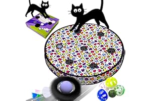 GoldenSun Jouet pour Chat, Balle Automatique à Roulement Rapide dans Un Sac avec Bobine Fixe, Fonction de Mouvement et de Gazouillis, Tapis Attrape-Souris à 5 Trous