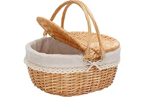 BIRDSINYARD Weide Picknickkorb mit Deckel, Weidenkorb mit Henkel und & Liner, Handgefertigtes Einkaufskorb Geflochten Wicker Picknick Korb für 2 Personen für Einkaufspicknick (Solide)