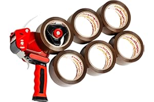 Packatape Packing Tape Gun with 6 Rolls of Extra Strong Brown Tape - Heavy Duty Packaging Tape with Premium Dispenser for Moving, Shipping and Storage
