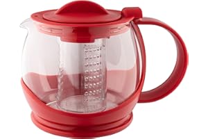 Café Olé 1.2L Théière avec infuseur pour les feuilles de thé avec soupape de fermeture et mécanisme de verrouillage – corps et poignée en plastique sans bpa et verre, rouge