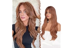 FESHFEN Pelucas Largas y Rectas para Mujeres, Peluca con Flequillo Peluca de Pelo a Capas Naturales Sintético de Cabello para Uso Diario Fiestas Cosplay, 65 cm Naranja Oscuro