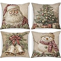VEEKAY Housse De Coussin Noël,Lot De 4 50x50Taie D'oreiller,Taie D'oreiller De Noël Lin De Coton,Coussin Noel,pour Intérieur,Canapé