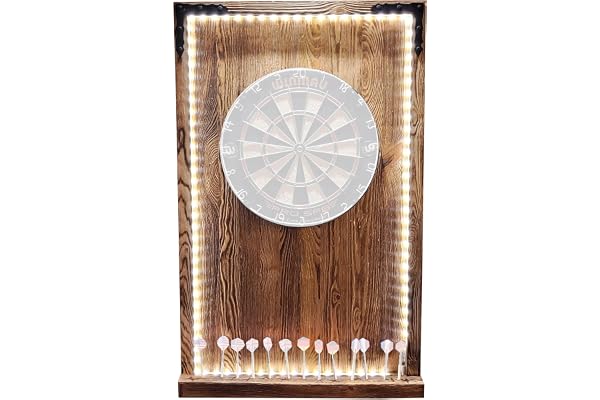 WEECO Cible de Fléchettes en Pin Massif avec Éclairage LED - Cabinet Mural avec Couverture, Style Vintage, Texture Bois Brûlé