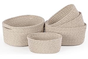 Vikcvcsc Cestini Portaoggetti in Corda di Cotone, Set di 5 Organizer Bagno, Cestini Portaoggetti Neonato, Contenitore Bagno, Ceste con Manici, Storage Baskets, Deserto