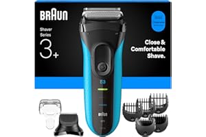 ‎BRAUN Braun Series 3+ Rasierer Herren Elektrisch, Elektrorasierer mit 3 Flexiblen Klingen, Rasierapparat Made in Germany, Barttrimmer-Aufsatz, +5 Kammaufsätze, Nass- & Trockenrasierer, 3010BT, Blau