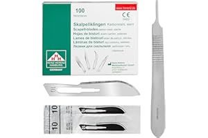 Set - 100 Stück sterile Skalpellklingen Figur 10 aus Karbonstahl - Ersatzklingen + 1 x Shehadeh - Skalpell-Halter - Edelstahl