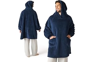 Bedsure Bluza z kapturem i rękawami, narzuta dla dorosłych, idealna jako prezent dla kobiet, ciepła, przytulna, miękka bluza–kocyk z rękawami, niebieska, 107 x 90 cm