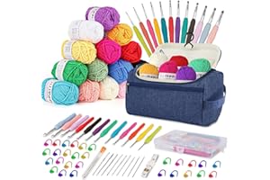 YINVA Häkelset für Anfänger 15Pcsx25g Häkelgarn Häkelnadel Set 2mm-8mm Ergonomische Häkelnadeln Crochet Set Stricken für Anfänger Set Tragbaren Tasche Strickzubehör(Blau)