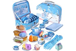 Magic4U Fairy Tale Princess Tea Set Toy for Girl Including Tin Teapot Dessert Toy 42PCS Role Play Food Pretend Play Toy with Princess Gloves and Storage Box for Children Age 3-6