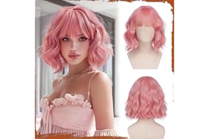 Sofeiyan Parrucca Bob Ondulata con Frangia, 30 cm Sogno zuccherato Parrucca Sintetica Resistente al Calore per Donna Look Naturale per Cosplay Feste e Uso Quotidiano