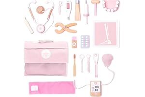 UMU® Malette Docteur Enfant en Bois - Kit de Jeu avec Stéthoscope, Tensiomètre, Accessoires de Dentiste et Plus, Jeux d'Imitation du Médecin, Ensemble Médical de 18 Pcs pour Enfants de 3, 4, 5 - Rose