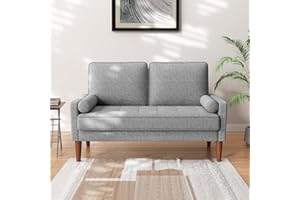 MESKANU Sofa 2 Sitzer, Modernes 2er Sofa mit 2 Wurfkissen, Kleine Stoffcouch mit Armlehne, Mini Sofa für Wohnzimmer/Wohnung/Büro, Einfache Montage, Lichtgrau, 121 x 77 x 87CM