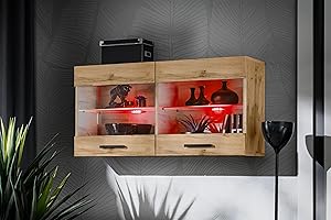 Komodee, Vetrina Savona - Armadio in vetro, Wotan/Wotan, larghezza 100 cm x altezza 50 cm x profondità 30 cm, LED RGB, 2 ripiani in vetro, 2 ante per soggiorno, cucina