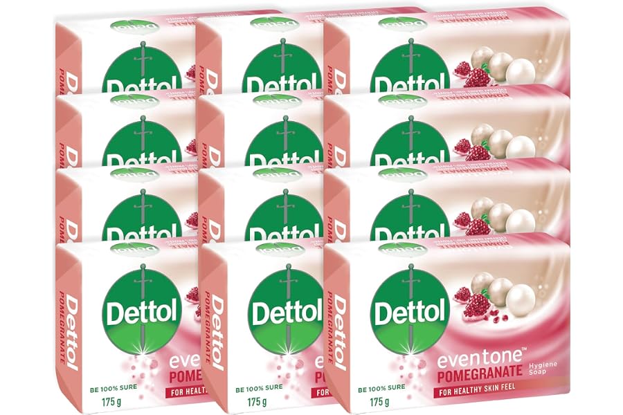 Dettol 12x175g Bar Soap, Hygeine Hand & Body Soap, Eventone Pomegranate, Personal Care, Cleans & Protects Against Everyday Ge