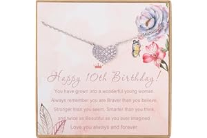 MADAOGO Girls' 10th Birthday Necklace, Sterling Silver Pink Cubic Zirconia Heart Necklace, Inspirational Gift for Girls