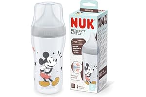 NUK Perfect Match Babyflasche | Ab 3 Monate | Passt sich dem Baby an | Temperature Control | Anti-Colic | 260 ml | BPA-frei | Silikontrinksauger, Medium | Disneys Micky Maus [grau]
