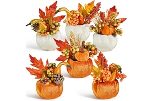 Miaikoe Set of 6 Artificial Pumpkin Decorations, Autumn Decorative Fabric Orange Pumpkin with Maple Berry Acorn Pine Cone Vegetables for Fall Thanksgiving Harvest Party Home Tabletop