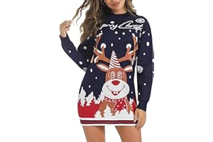 Nieery Pull de Noël Femme Pull de Noel avec Motif de Renne Tricot de Noël Femme Robe Pull Longue Robe de Noël Sweat Noel Christmas Sweater