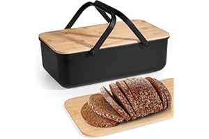 Cheerhom Panera Para Guardar El Pan,Panera Extra Grande Con Tapa De Bambú Y Tabla De Cortar, 38x21x13cm,Capacidad 8L,Panera Con Asa,Fácil De Transportar (Negro)