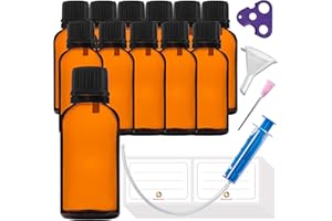 HandsUnity 30ml-12 Piezas de Botella -Pequeña Botella de Boticario de Vidrio Ámbar con Tapón Gotero Vidrio Marrón Negro Set Incluye 30 Accesorios