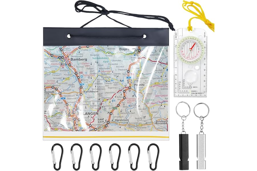 Map Case Waterproof, Map Holder, Transparent Map Cover Waterproof for Reading Map, with Navigation Compass, 6 Carabiners and 2 Whistles, for Outdoors Camping Hiking