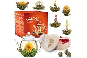 Creano Coffret Cadeau Fleurs de Thé Mix dans une Boîte en Bois en Forme de Coeur | 6 Sortes de thé Blanc y Compris Théière en Verre 500ml