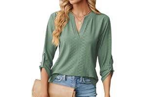 HEERSAN Chemisier élégant à Col en V pour Femme Chic Chemisier Ample à Manches Enroulables à 3/4 Manches Longues Lâches Hauts Tuniques de Base T-Shirt Blouses(S-XXL)