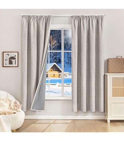 Lot De 2 Rideaux Occultants Thermiques Beige Lin 140x245 Cm – Isolation Chaleur & Froid, Anti-Lumière, à Œillets