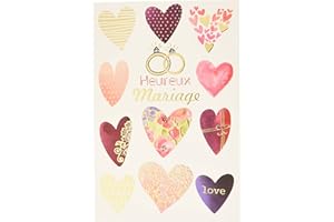 AFIE 69-7074 Carte Heureux Mariage Félicitations avec Dorure Or Doré Love Cœurs Roses Alliances Couple Bague de fiançailles Fabriqué en France
