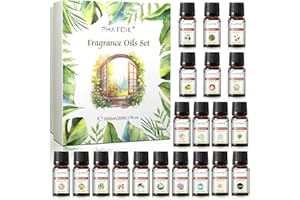 PHATOIL Set Oli Essenziali 20 Pcs, Oli Essenziali per Diffusori Aromaterapia, Olio Essenziale di Muschio Bianco, Cocco e Vaniglia, Fiori d'Arancio, Baby Talco, Caffè, Fragola, Pesche