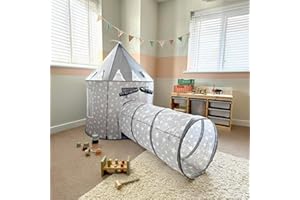 Relsy Graues Pop-Up-Zelt für Kinder, Graues Spielzelt mit Tunnel, Schloss-Spielzelt & 180cm Spieltunnel-Kombination, 135 X 100cm