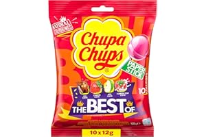 ‎CHUPA CHUPS Chupa Chups Best of Lutscher, Nachfüll-Beutel enthält 10 Lollis in den 4 Geschmacksrichtungen Cola, Erdbeeren, Apfel, Erdbeere-Sahne, geeignet für Geburtstag, 10 x 12g