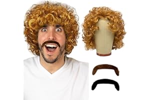 UILYNIU Hombres Peluca y Bigote, Hippie Disco Afro Peluca Rizada Carnaval Rizada Peluca Hombres, Despedida de Soltero, Rubia Rock Peluca para Hombres Disfraz de Halloween Fiesta Cosplay (Rubio)