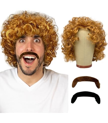 Peluca Afro Rizada Con Barba – Disfraz Hippie De Los 60s 70s 80s, Pack De Fiesta Retro Para Halloween Y Carnaval (Negro)