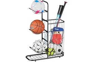 Relaxdays Scaffale per Attrezzatura Sportiva in Metallo, Ceste per Palloni da Basket, Calcio, Pallavolo, Racchette, Nero, Acciaio, 87x60x23,5 cm