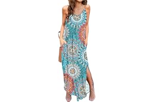 AUSELILY Vestito Lungo Estivo Donna Abito Senza Maniche Vestito Spiaggia Cinturino Spaghetti Abito Floreale Lungo Casual con Tasche