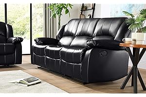 Bravich LUXURY Black Bonded Leather Recliner 3 Seater Reciling Sofa Settee Couch Lounge Home Lounge Armrest Footrest (200x93x97cm)