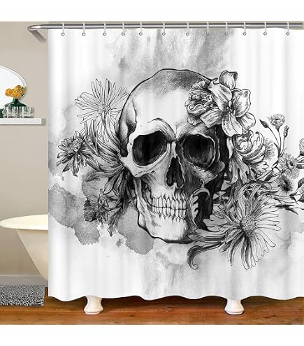 TUBBLI Duschvorhang-Set Totenkopf Halloween – 90x180 Cm, Wasserdicht, Inkl. Badematte & Haken