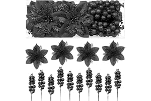 ALUPSSUC Alupsuc 24pcs Poinsettia Fiori per Albero di Natale, 12PCS Fiori di Natale + 12PCS Agrifoglio Steli Decorazione di Natale Ghirlanda, Decorazioni Albero di Natale, Decorazione di Natale Casa,Nero
